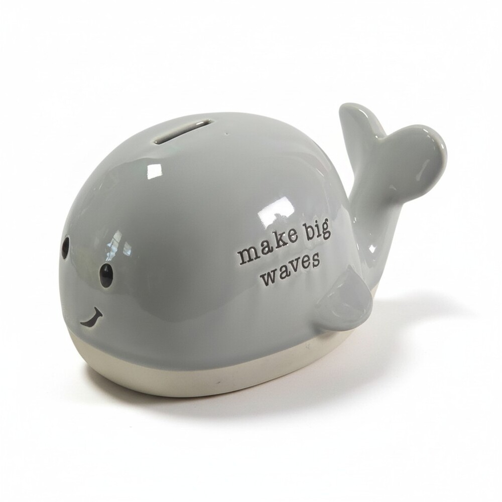 DEMDACO Whale Money Box - Make Big Waves - Gray Ceramic 7" EUC